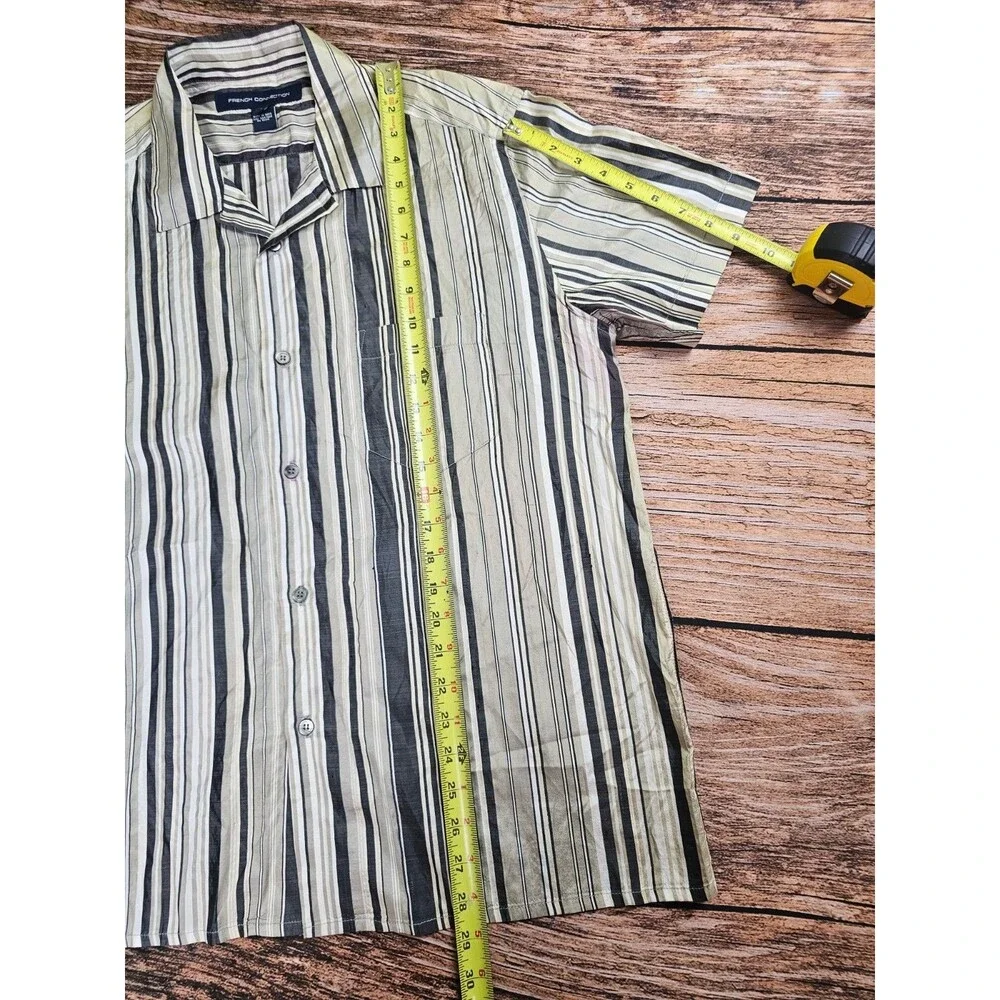 French Connection 100% Silk Short Slv Button Up Shirt Gray White Striped Men L